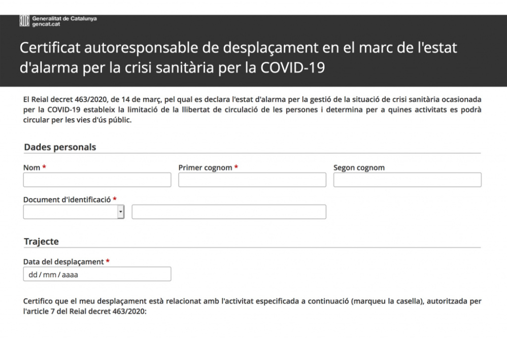 Certificat autoresponsable de desplaçament en línia