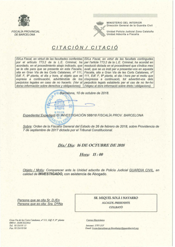 Citació de la Fiscalia Provincial de Barcelona