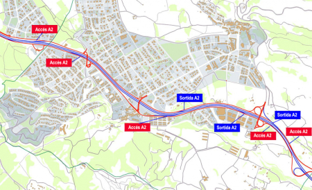 Croquis del traçat actual de l'A-2. En blau, l'autovia. En vermell, la via de servei. Elaboració pròpia.