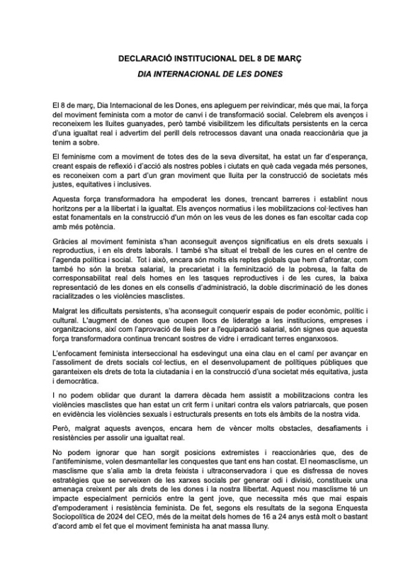 DECLARACIÓ INSTITUCIONAL DEL 8 DE MARÇ