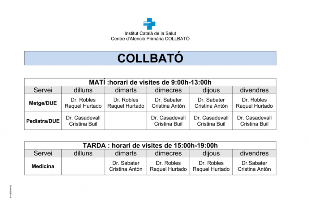 Horaris del consultori mèdic local de Collbató