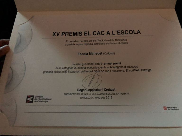 L’Escola Mansuet guanya el 1r premi CAC a l’Escola en la seva categoria amb el curtmetratge “Obre els ulls i reacciona”