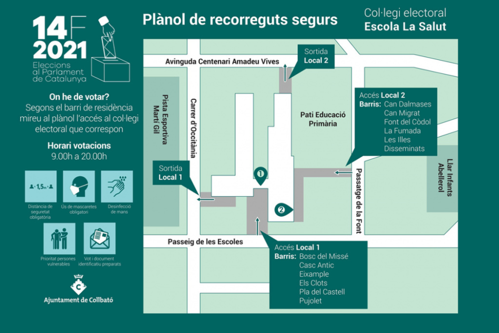 Plànol d'accessos per a les Eleccions al Parlament del 14 de febrer de 2021